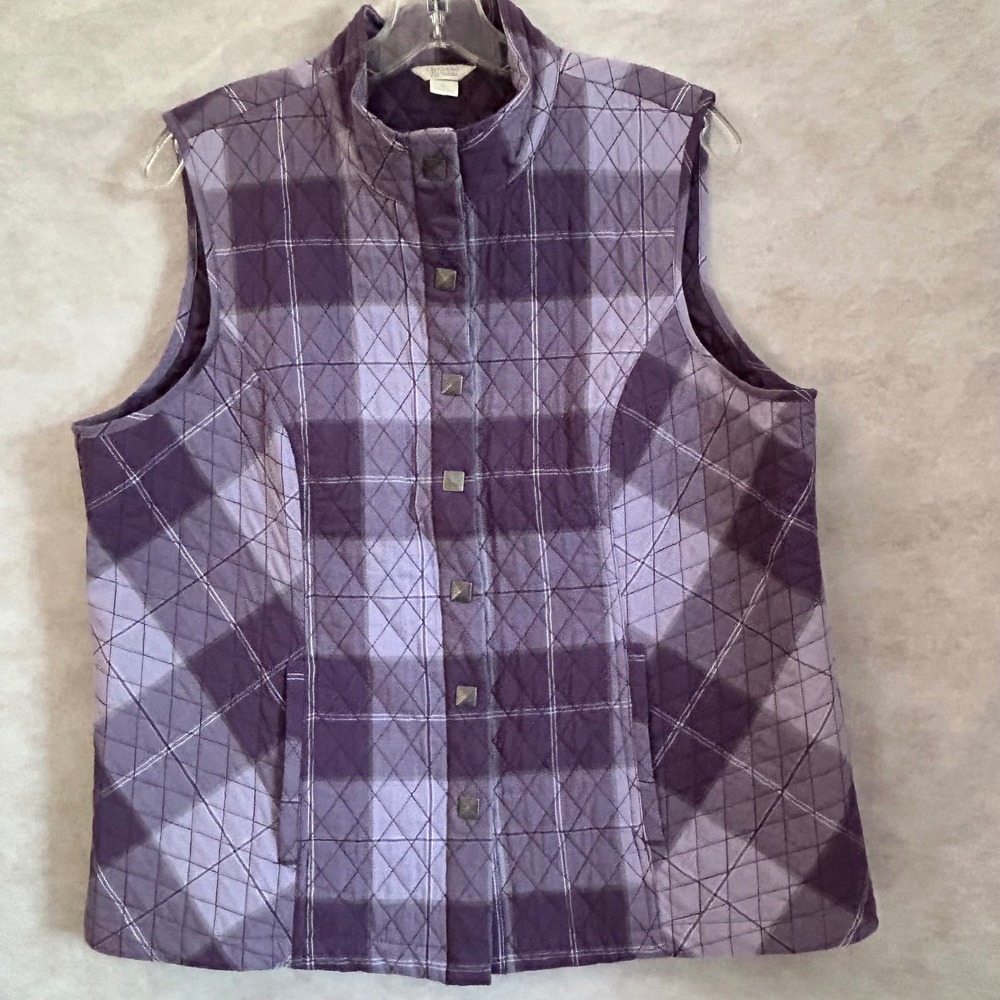 Christopher & Banks Purple Plaid Quilted Vest XL Snap Front Mock Neck Pockets